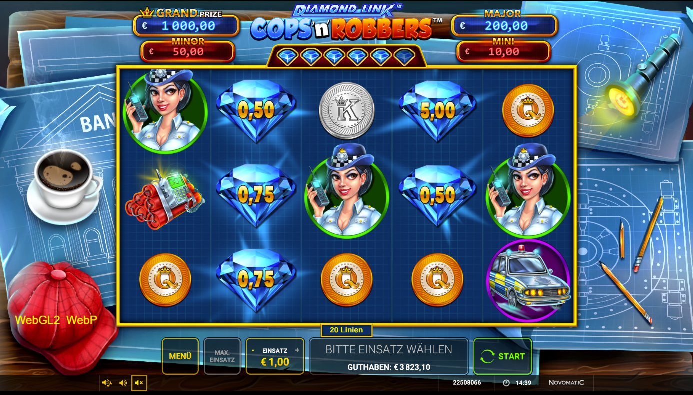 Diamon-Link-Cops-and-Robbers-Slot mit Polizistin, Dynamit, Streifenwagen und Diamantwerten.