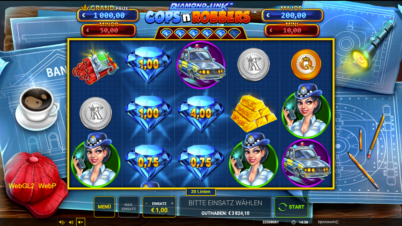 Diamon-Link-Cops-and-Robbers-Slot mit Polizistin, Streifenwagen, Dynamit, Goldbarren und Diamantwerten.