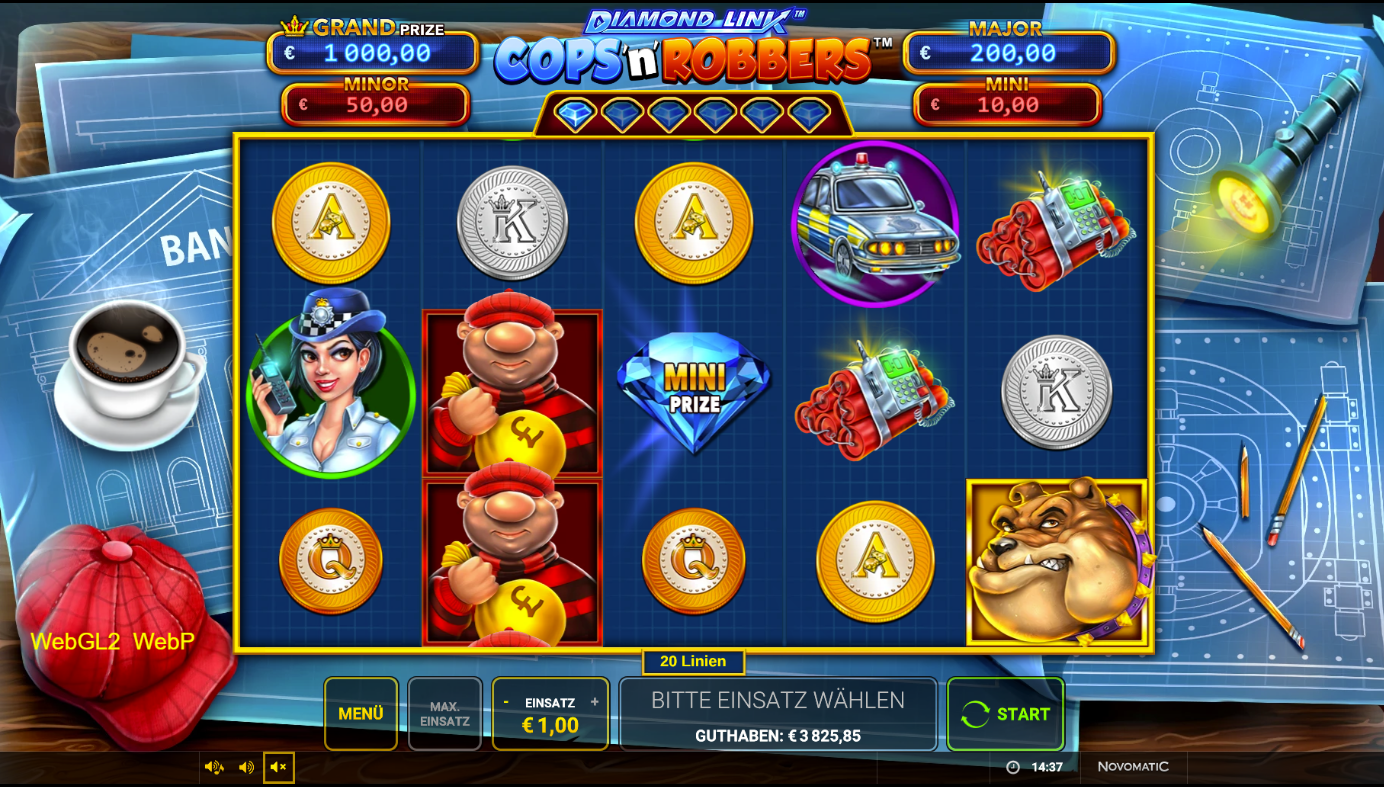 Diamon-Link-Cops-and-Robbers-Slot mit Polizistin, R&auml;uber, Dynamit, Bulldogge und Diamant.