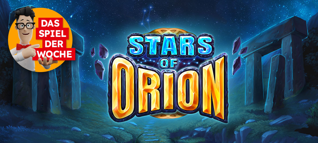 Stars of Orion &ndash; Spieltitel vor n&auml;chtlicher Landschaft mit Sternbild im Himmel.
