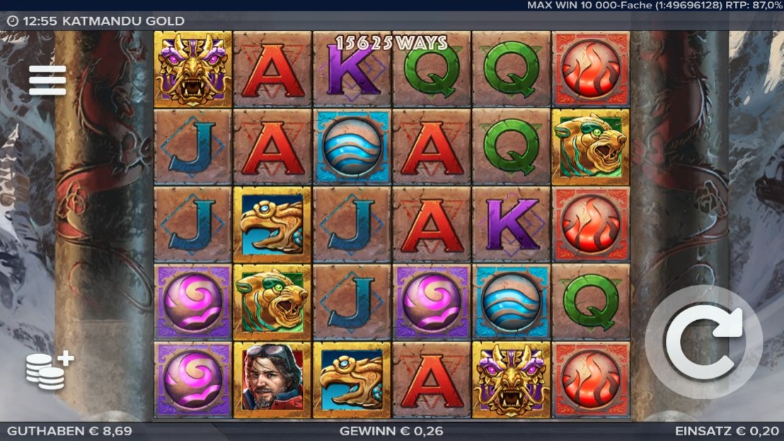Katmandu Gold: Slotspiel mit Kacheln, Karten-Symbolen und Figuren
