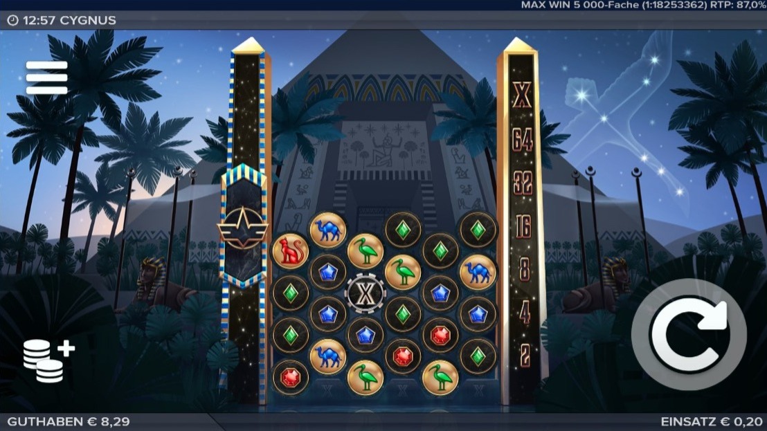 Cygnus: Slotspiel mit Symbolfeld, Sternenhimmel und Multiplikator