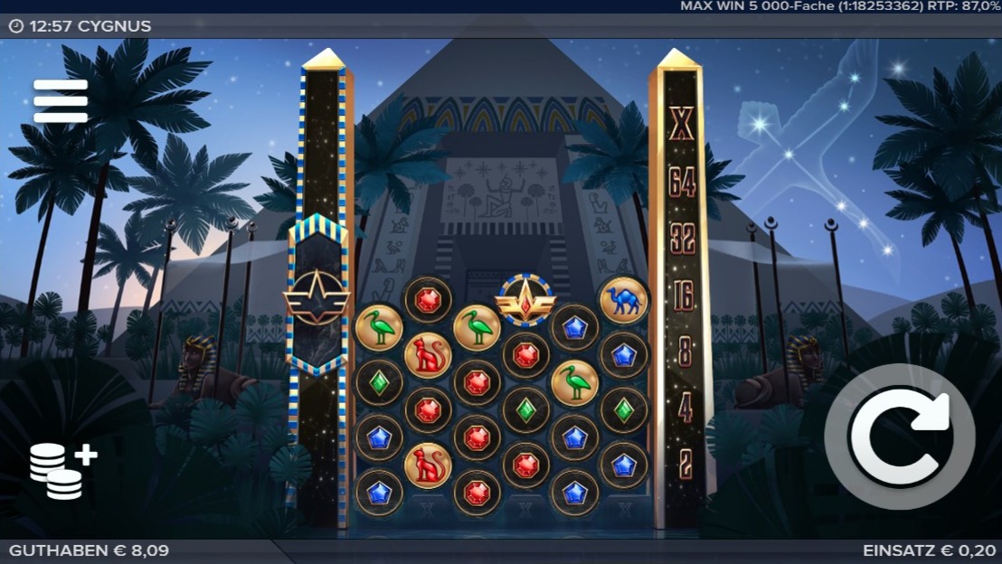 Cygnus: Slotspiel mit Symbolraster, Sternenhimmel und Gewinnleiste