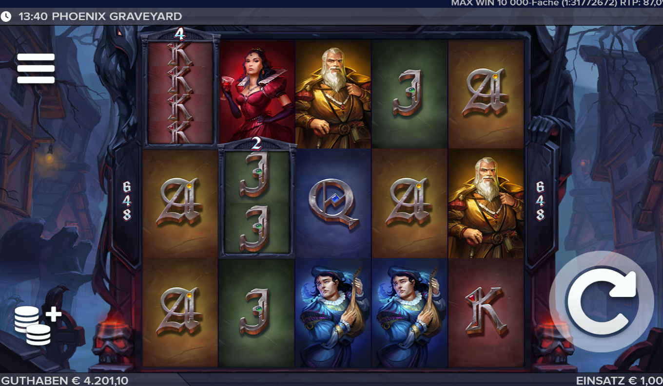 Phoenix-Graveyard-Slot mit Krieger‑Symbolen, Runen, &Auml;ltestenfigur und metallischen Kartensymbolen.