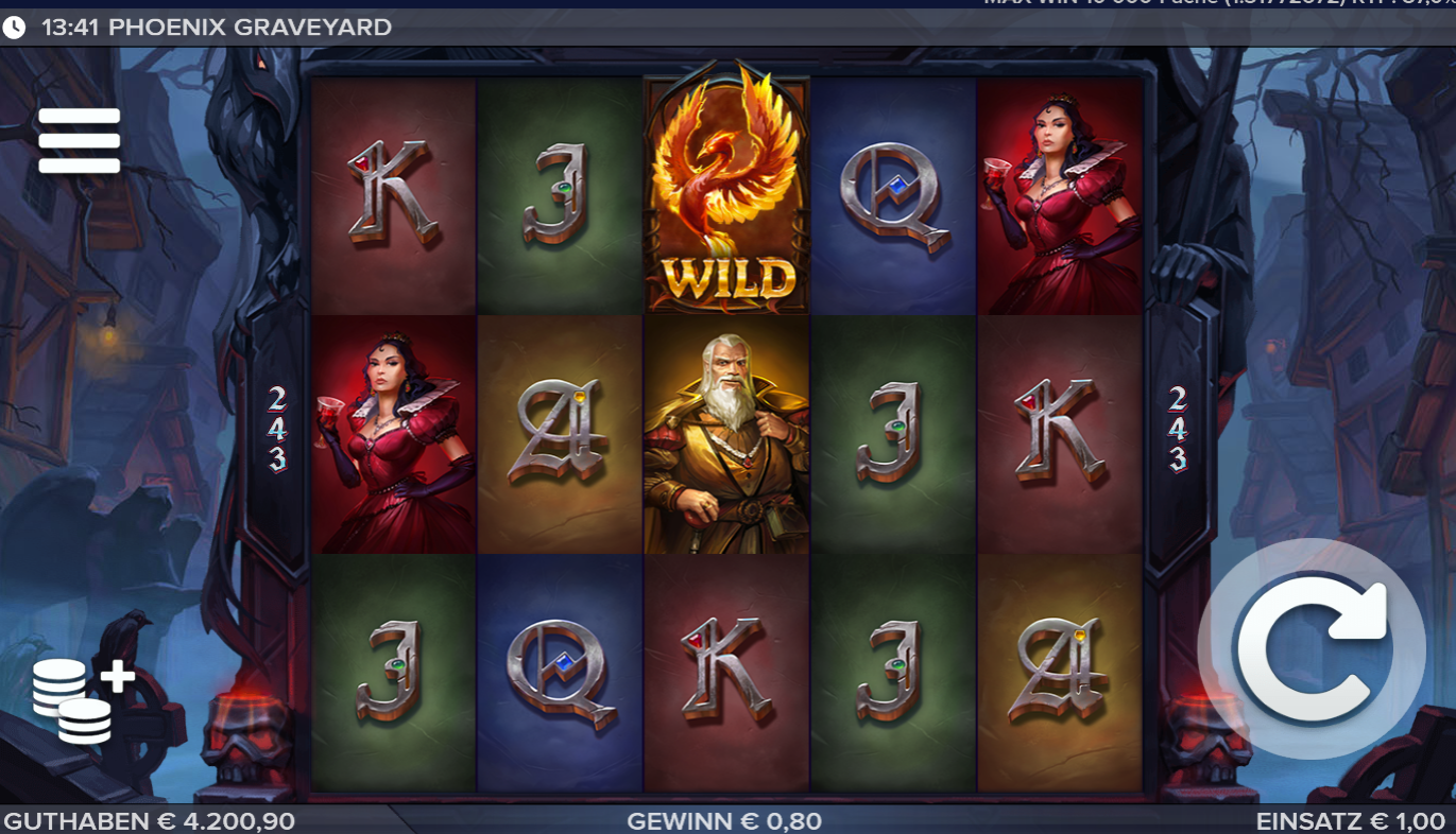 Phoenix-Graveyard-Slot mit Phoenix‑Wild, Kriegerfiguren und metallischen Kartensymbolen.