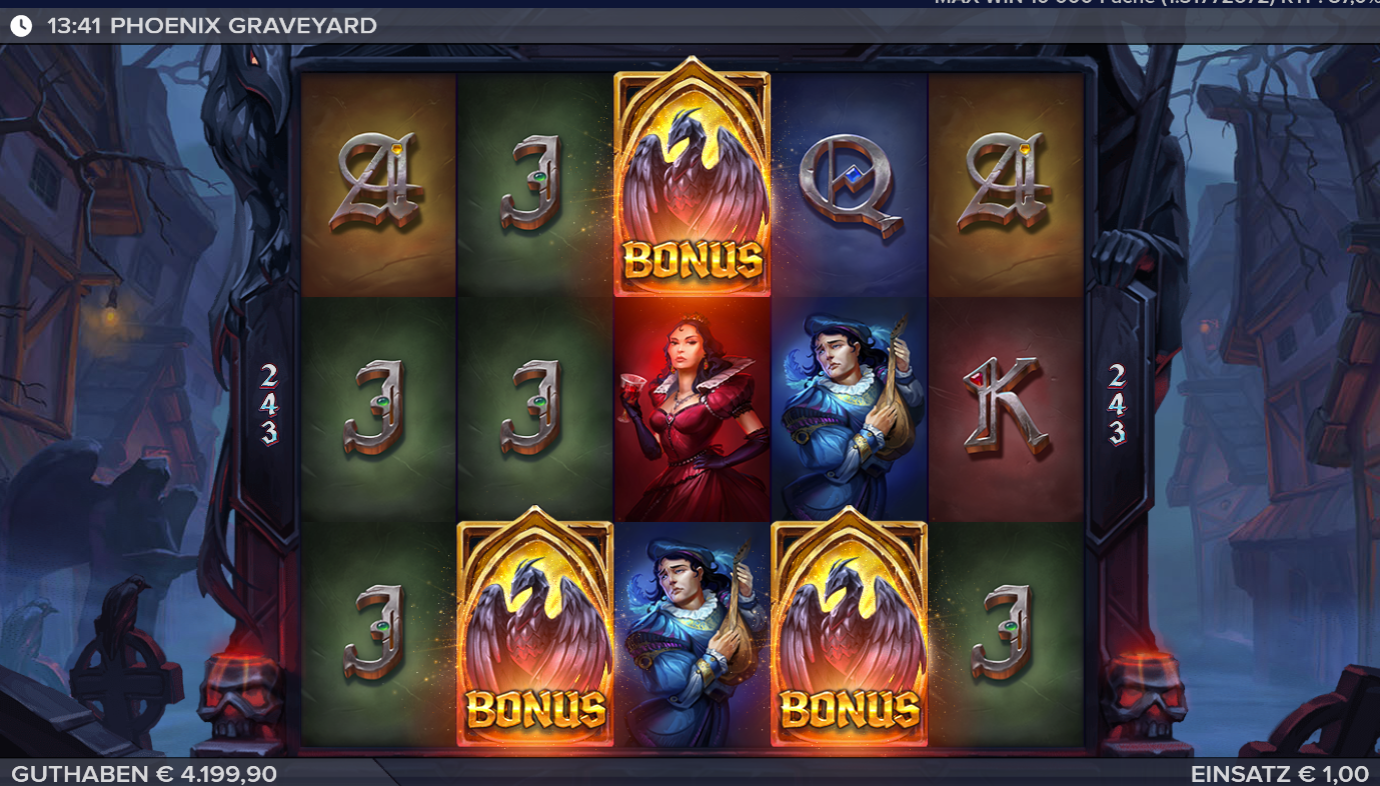 Phoenix-Graveyard-Slot mit Phoenix‑Bonus‑Symbolen, Kriegerfiguren und metallischen Kartensymbolen.