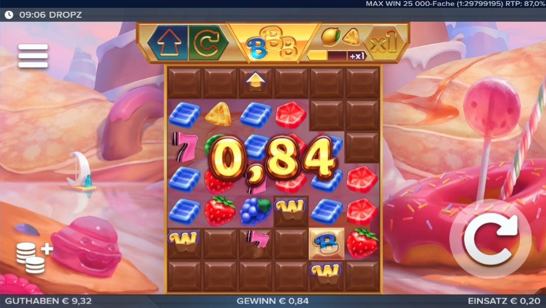 Dropz: Slotspiel mit S&uuml;&szlig;igkeiten, Fr&uuml;chten und Gewinnanzeige