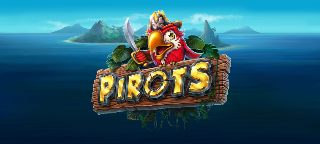 Online Slots Pirots mit Piratenpapagei und tropischem Hintergrund.