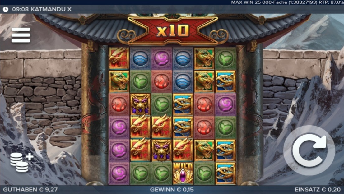 Katmandu X: Slotspiel mit Symbolkacheln, Drachen und Multiplikator