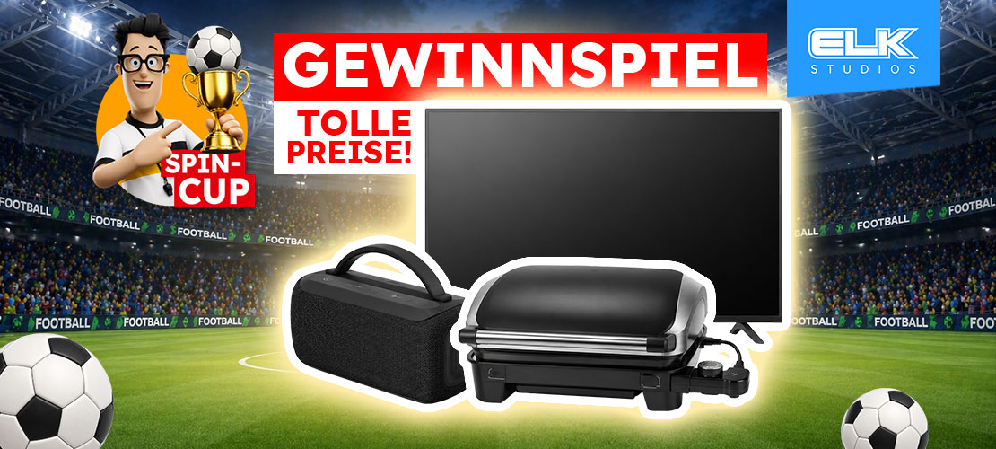 Stadionhintergrund mit Gewinnen - Soundbox, Elektrogrill und Fernseher