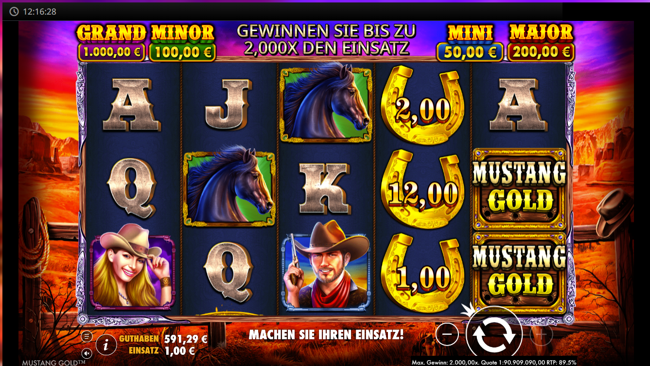 Mustang‑Gold‑Slot mit Pferden, Bonusfeldern und Westernsymbolen.