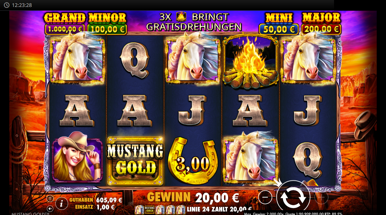 Mustang‑Gold‑Slot mit wei&szlig;en Pferden, Lagerfeuer und 20‑Euro‑Gewinn.