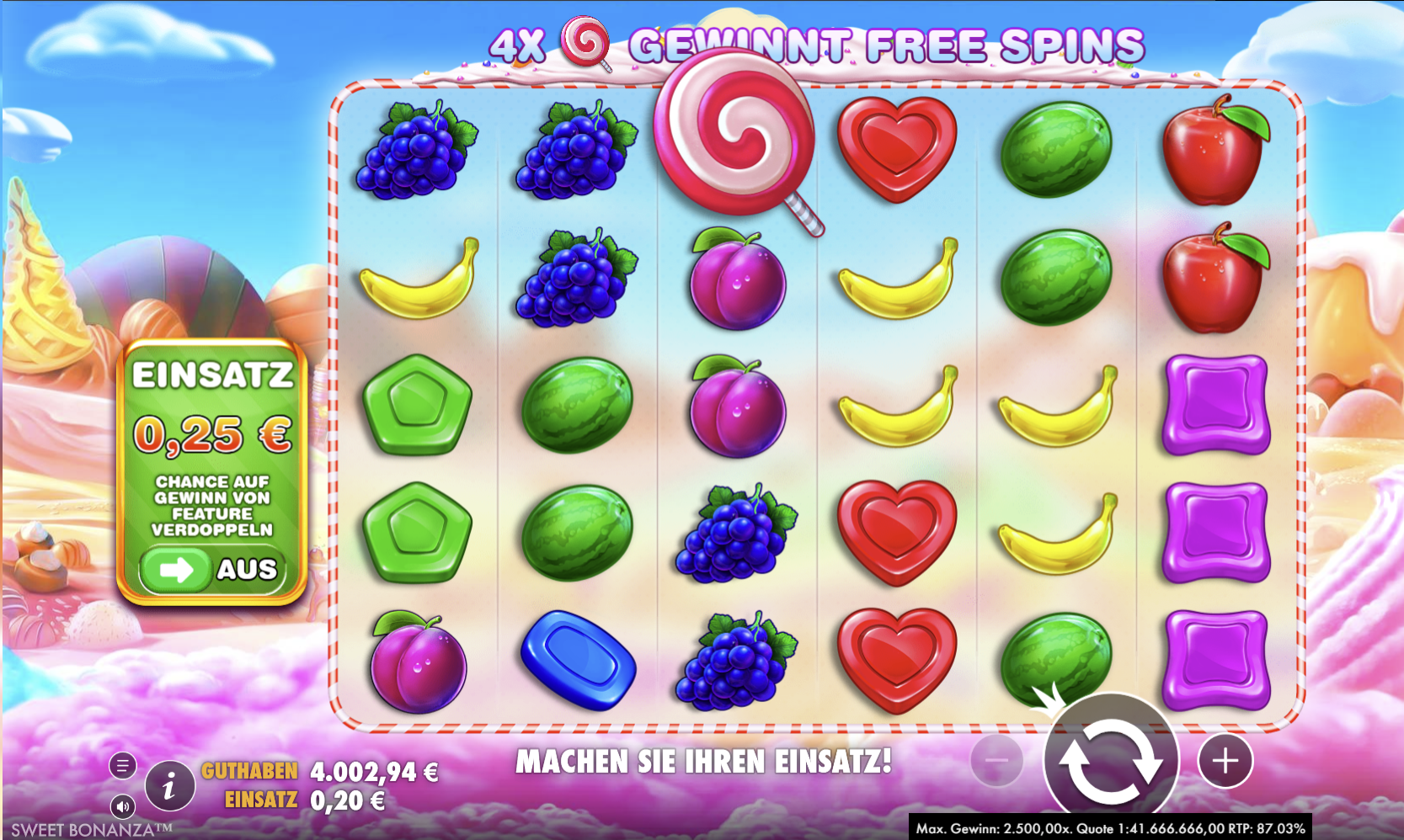 Sweet-Bonanza-Slot mit Melonen, Bananen, Trauben und Lolly-Pop.