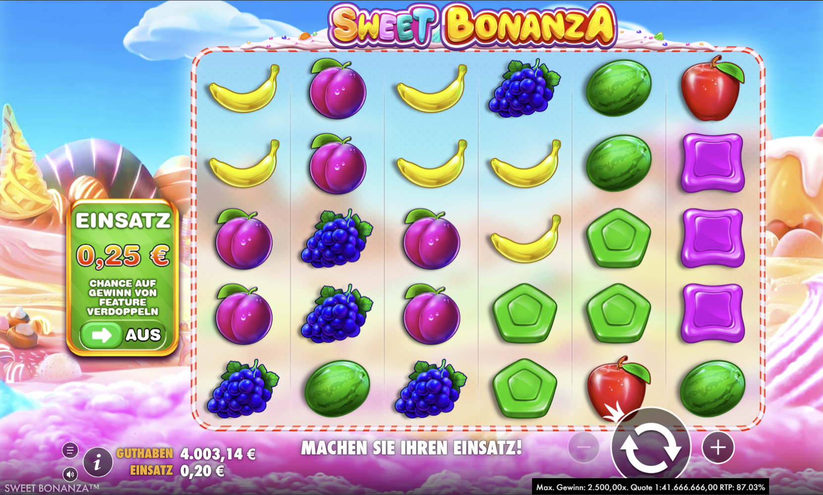 Sweet-Bonanza-Slot mit Bananen, Trauben, &Auml;pfeln und S&uuml;&szlig;igkeiten.
