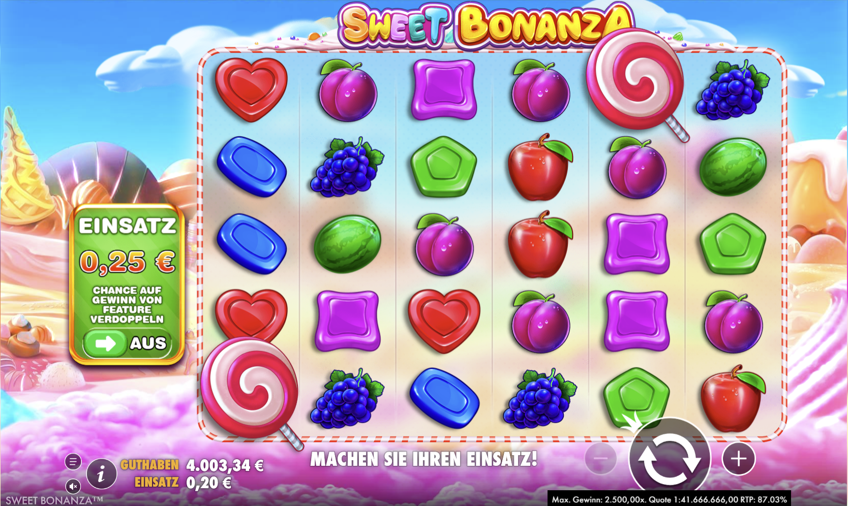 Sweet-Bonanza-Slot mit &Auml;pfeln, Trauben, Lolly-Pop und S&uuml;&szlig;igkeiten.