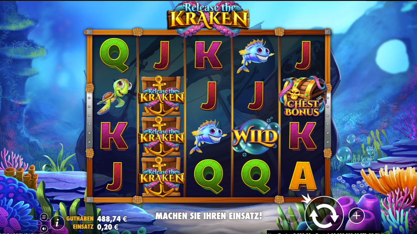 Release-the-Kraken-Slot mit Kraken‑Symbolen, Wild‑Symbol, Schatztruhe und Kartensymbolen.