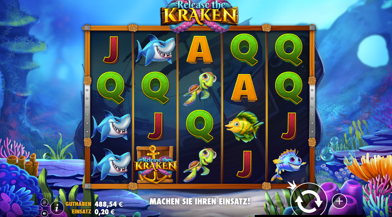 Release-the-Kraken-Slot mit Haien, Fischen, Kraken‑Symbol, Anker‑Bonus und Kartensymbolen.