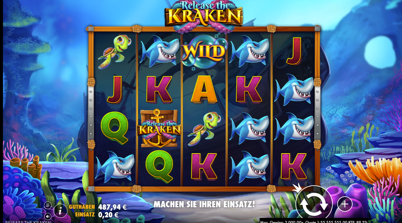 Release-the-Kraken-Slot mit Haien, Kraken‑Wild, Fischen, Anker‑Bonus und Kartensymbolen.