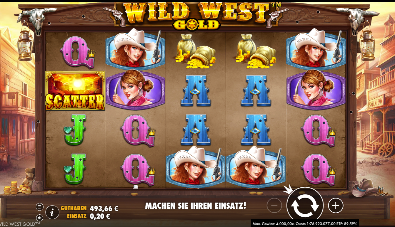 Wild-West-Gold-Slot mit Scatter‑Badge, Cowboys, S&auml;cken Gold und bunten Kartensymbolen.
