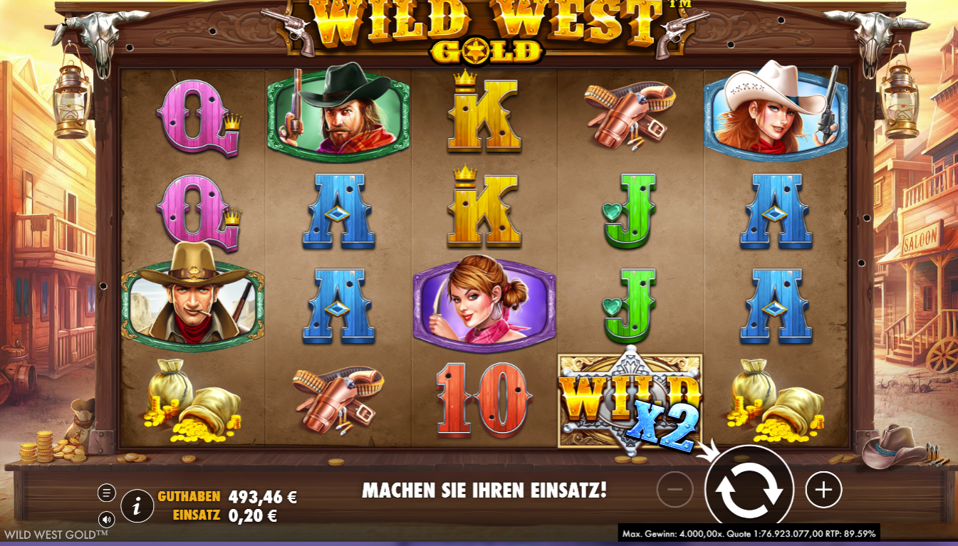 Wild-West-Gold-Slot mit Wild‑Symbol, Golds&auml;cken, Pistolen und bunten Kartensymbolen.