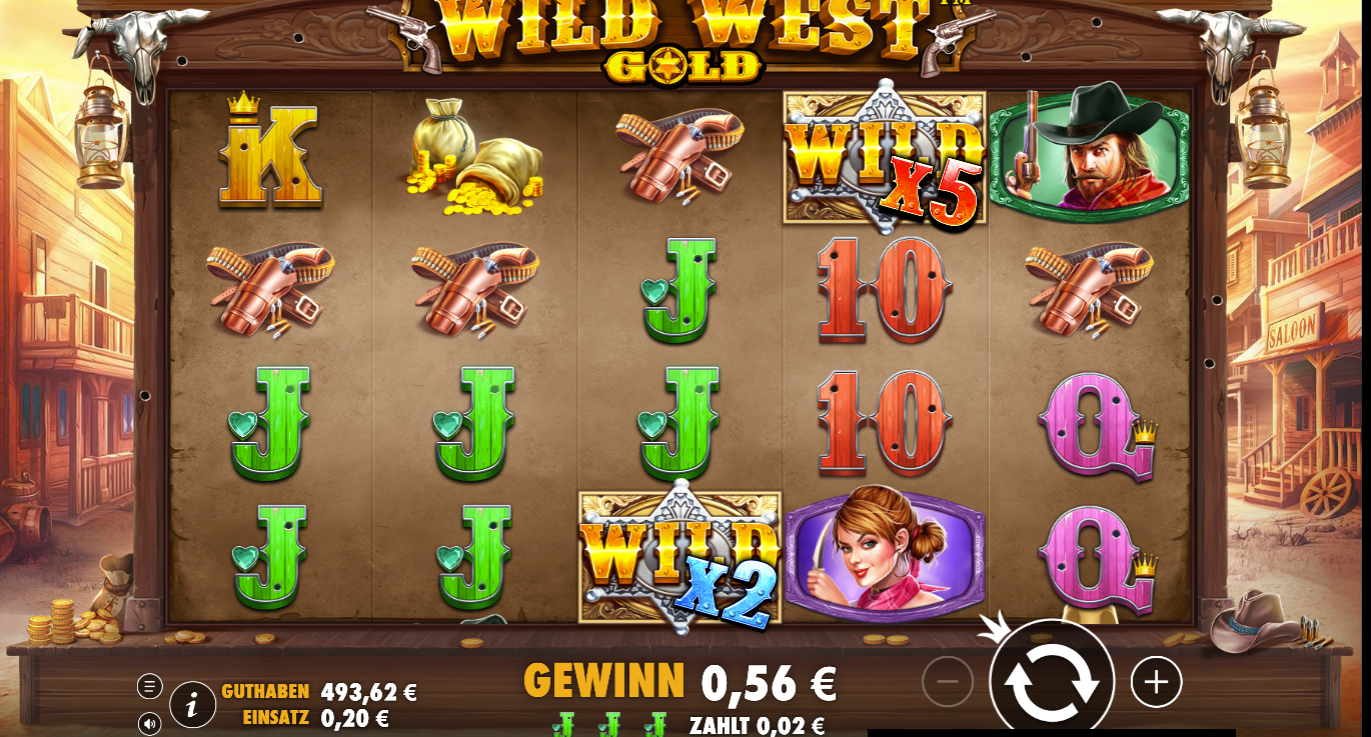 Wild-West-Gold-Slot mit Wild‑Multiplikatoren, Pistolen, Golds&auml;cken und bunten Symbolen.
