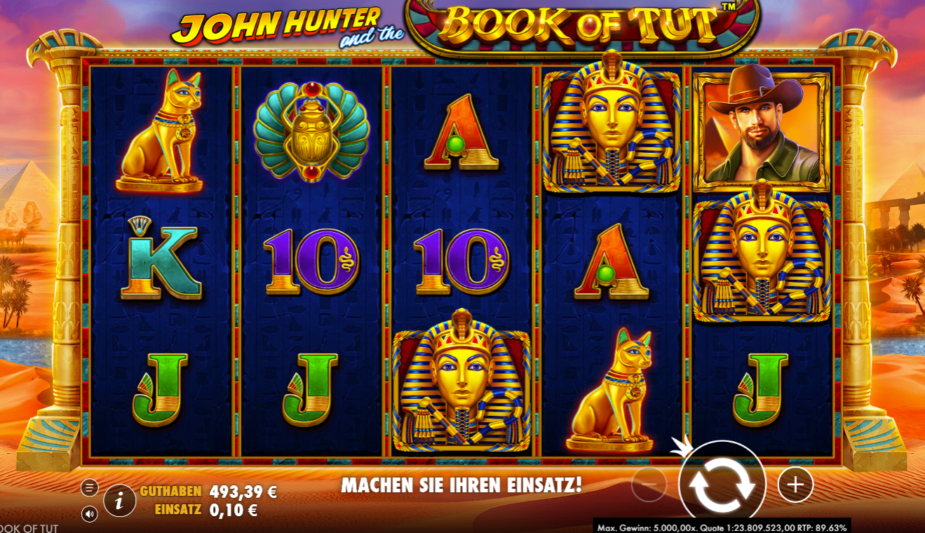 John-Hunter-and-the-Book-of-Tut-Slot  mit Buchsymbolen, Statuen, Skarab&auml;us und bunten Kartensymbolen.