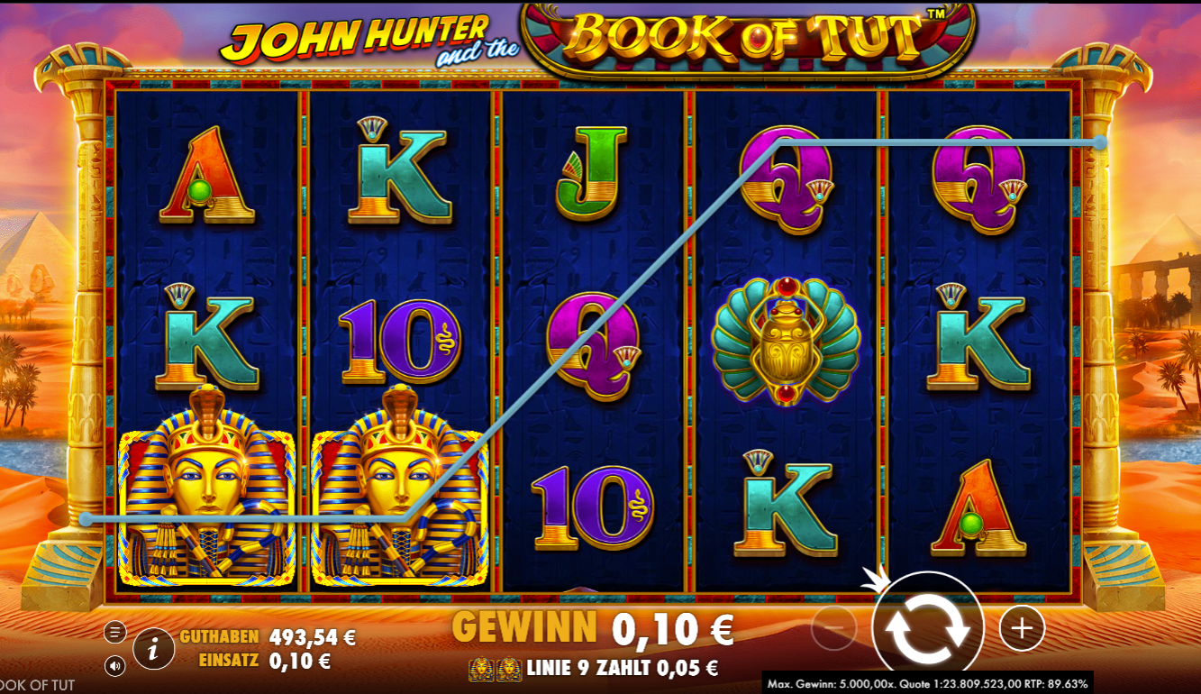 John-Hunter-and-the-Book-of-Tut-Slot mit Skarab&auml;us, Kartensymbolen, Statuen und farbigen Gewinnlinien.