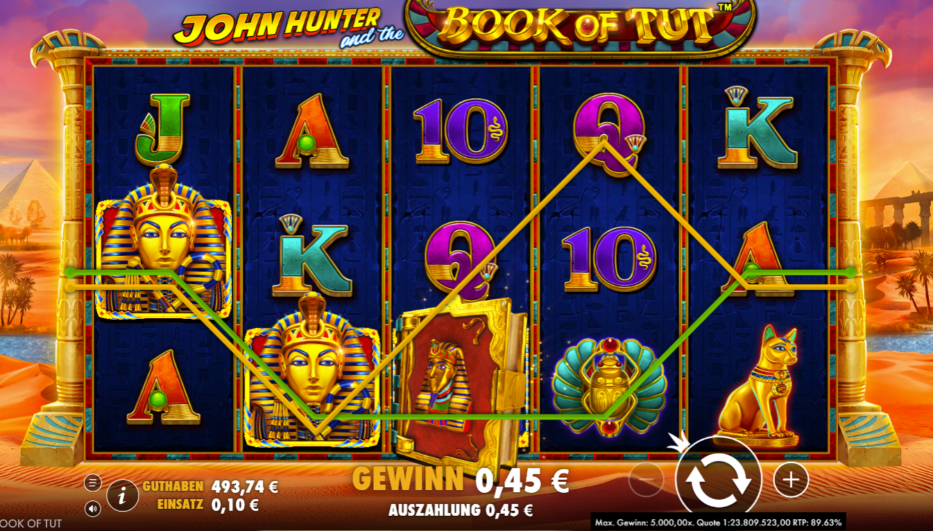 John-Hunter-and-the-Book-of-Tut-Slot mit Buchsymbol, Statuen, Skarab&auml;us, Kartensymbolen und Gewinnlinien.