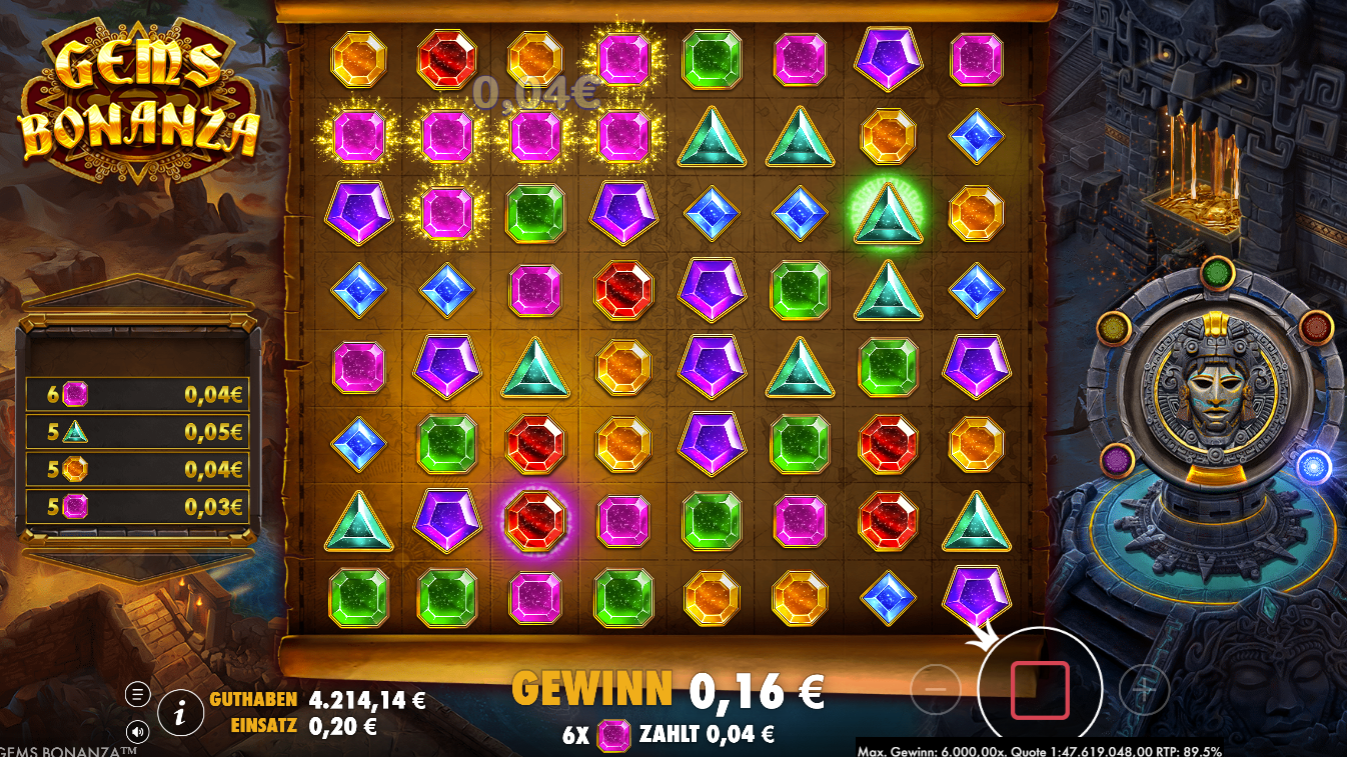 Gems-Bonanza-Slot mit leuchtenden Edelsteinen und Gewinnanzeige.