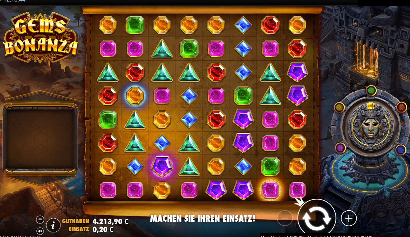 Gems-Bonanza-Slot mit bunten Edelsteinen und Startanzeige.