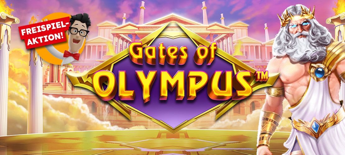 Gates of Olympus Slot mit Zeus vor antikem Olymp-Tempel und erwin mit Brille und roter Fliege mit dem Hinweis zur Freispieleaktion.