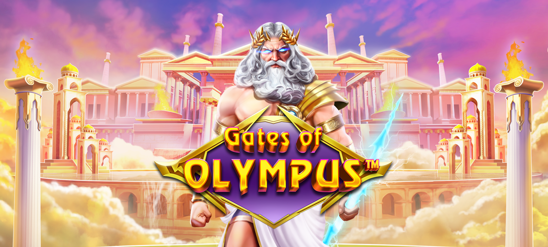 Spielgrafik von 'Gates of Olympus' mit Zeus im Vordergrund, einem Blitz in der Hand und einem goldenen Tempel im Hintergrund.