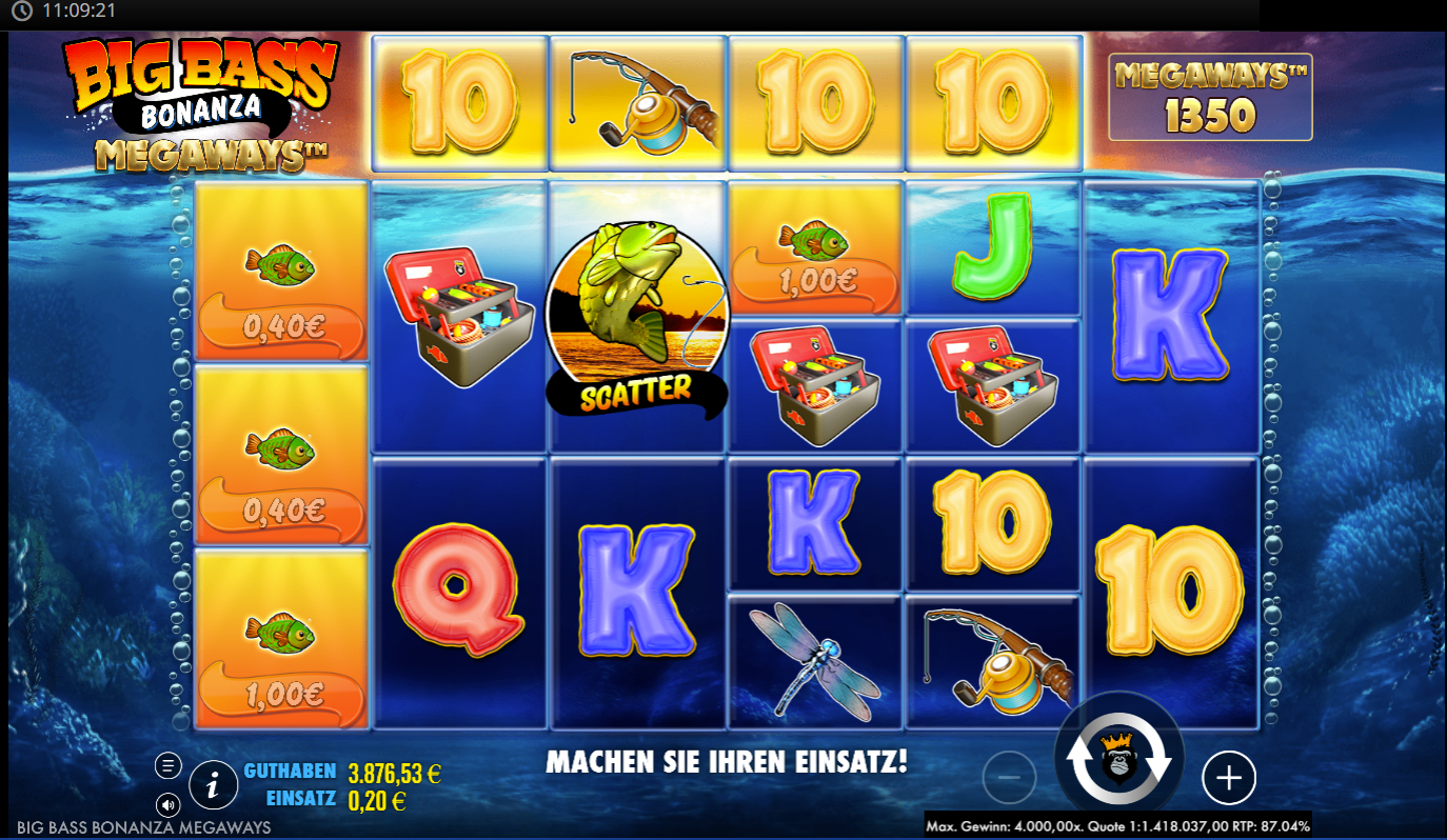 Big Bass Bonanza Megaways mit Symbolen und Scatter‑Fisch.