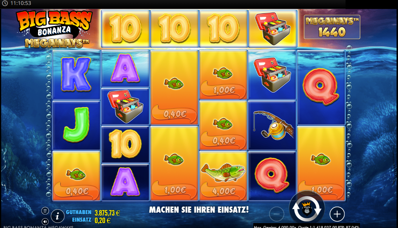 Big Bass Bonanza Megaways mit Fischen, Truhen und Angelsymbolen.