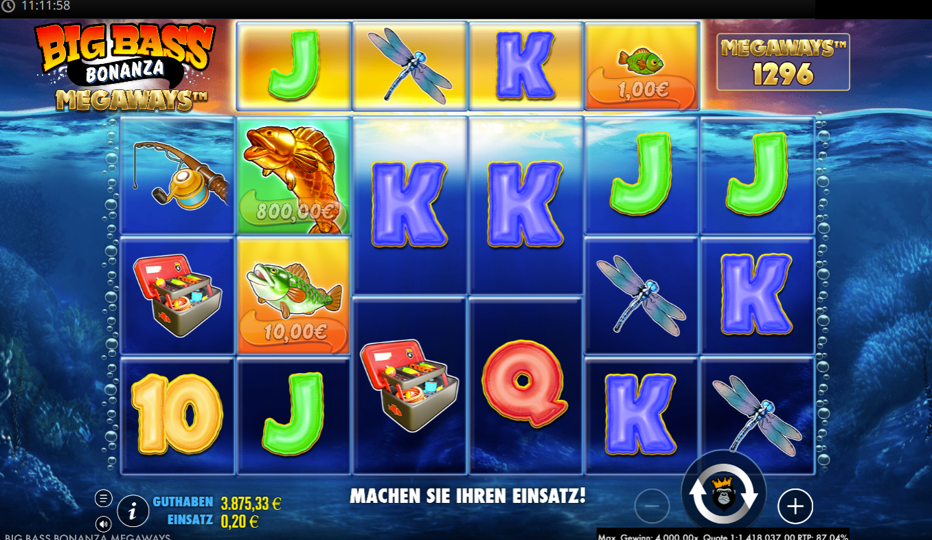 Big Bass Bonanza Megaways mit Fisch‑Gewinnen und bunten Symbolen.