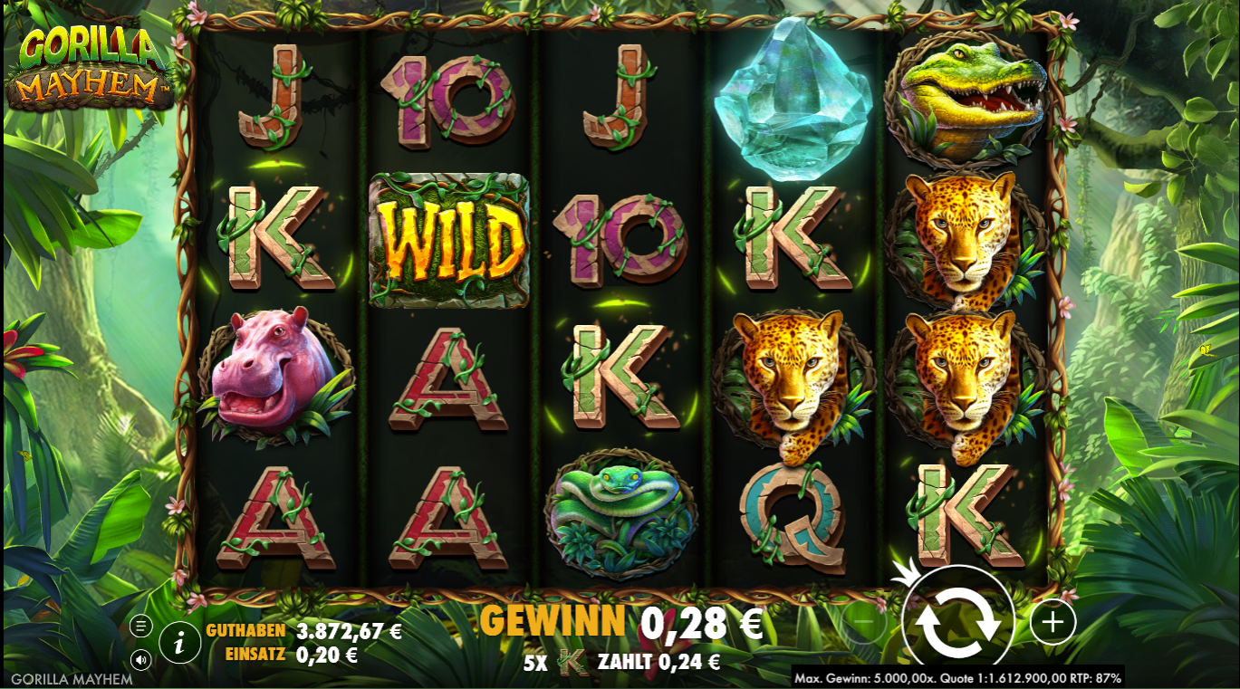 Gorilla-Mayhem-Slot mit Wild‑Symbol, Gro&szlig;katzen und Dschungelmotiven.