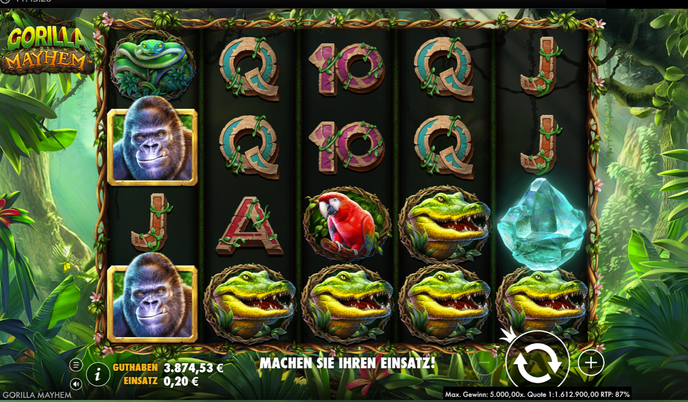 Gorilla-Mayhem-Slot mit Gorilla‑, Tier‑ und Kartensymbolen im Dschungel.