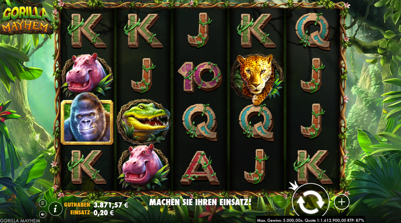 Gorilla-Mayhem-Slot mit Tier‑ und Kartensymbolen im Dschungel.
