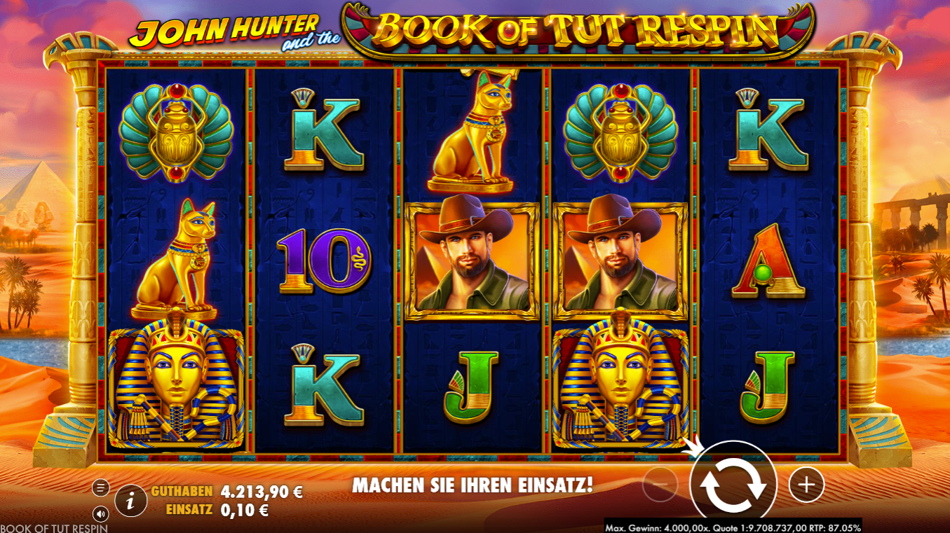 John-Hunter-and-the-Book-of-Tut-Respin-Slot mit Skarab&auml;us, Katze, Pharaonenmaske, Kartensymbolen.