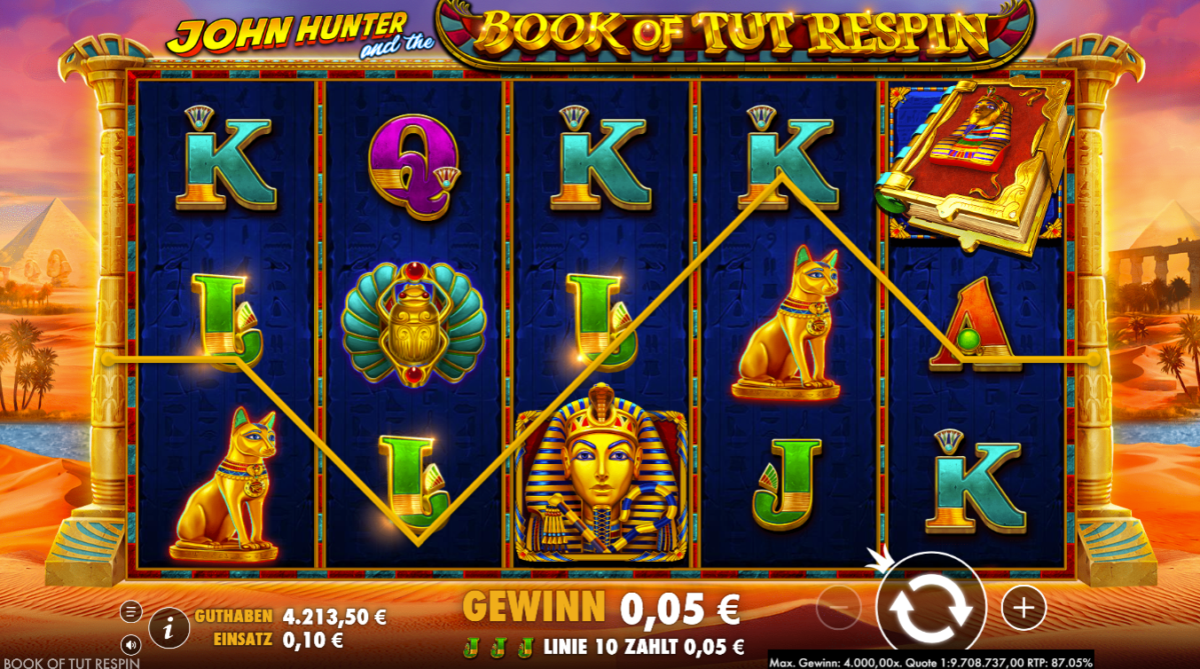 John-Hunter-and-the-Book-of-Tut-Respin-Slot mit Skarab&auml;us, Katze, Pharaonenmaske, Kartensymbolen und Buch‑10‑Symbol.
