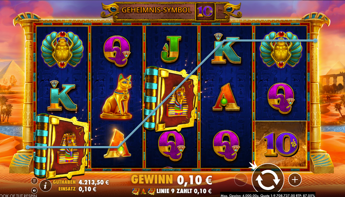 John-Hunter-and-the-Book-of-Tut-Respin-Slot mit Buchsymbolen, Skarab&auml;us, Katze und Kartensymbolen in Gewinnlinie.