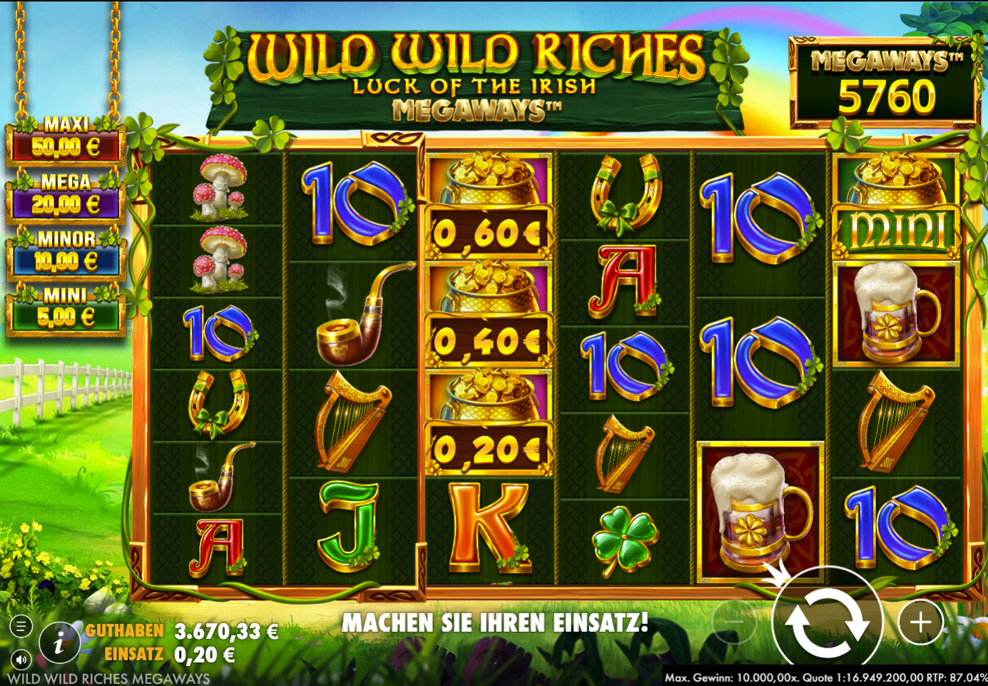 Wild-Wild-Riches-Megaways-Slot mit Geldt&ouml;pfen, Bierkr&uuml;gen, Hufeisen, Harfen und Kleebl&auml;ttern.