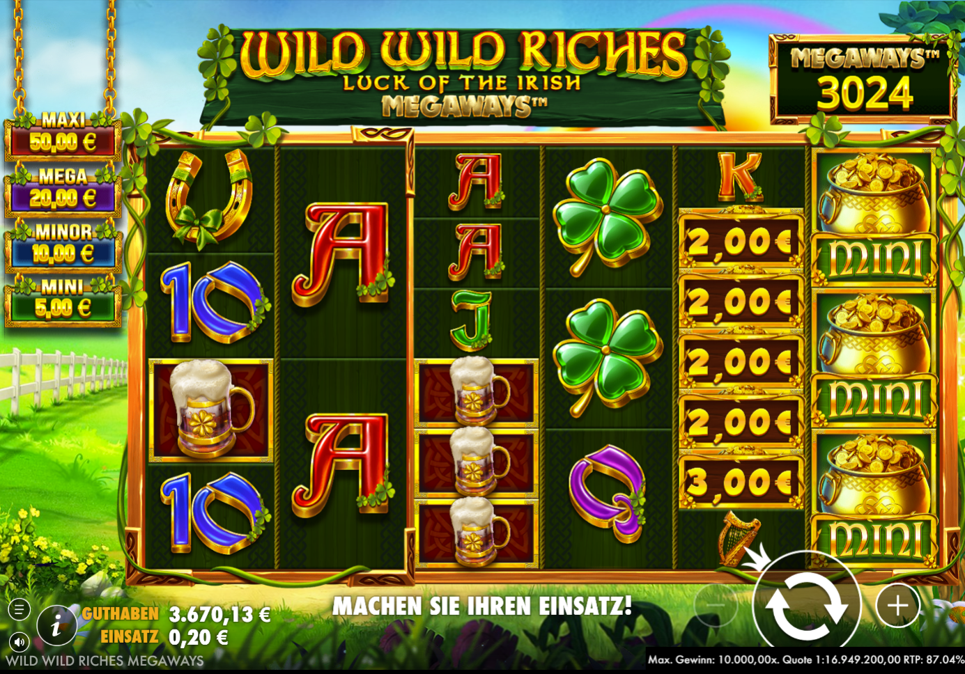 Wild-Wild-Riches-Megaways-Slot mit Goldt&ouml;pfen, Kleebl&auml;ttern, Bierkr&uuml;gen und Hufeisen.