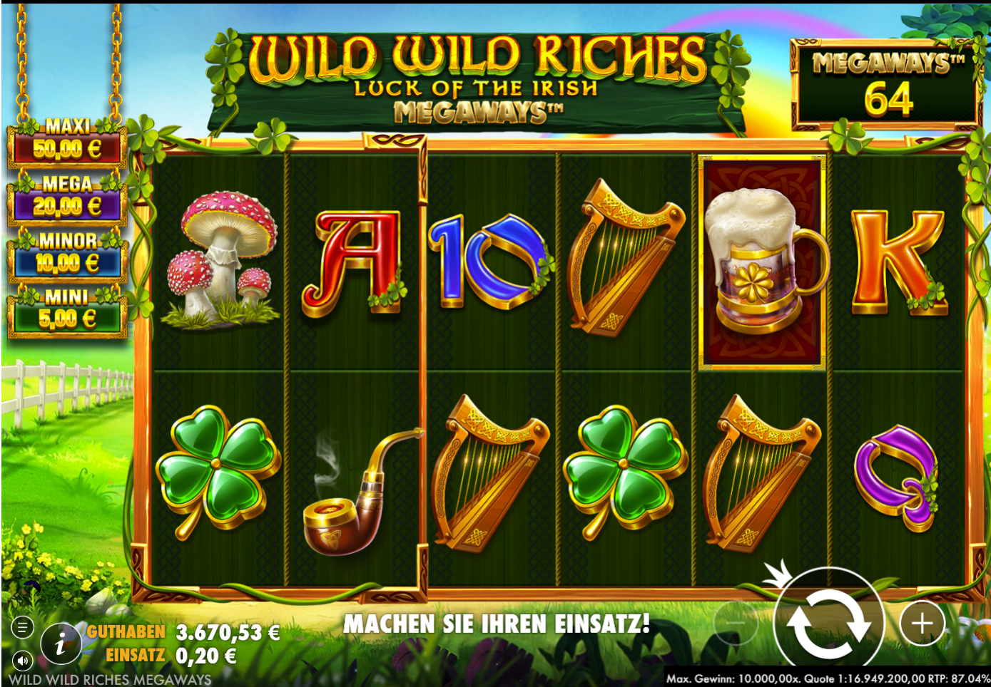 Wild-Wild-Riches-Megaways-Slot mit Kleeblatt, Harfe, Bierkrug, Pfeife und A‑K‑Q‑10.