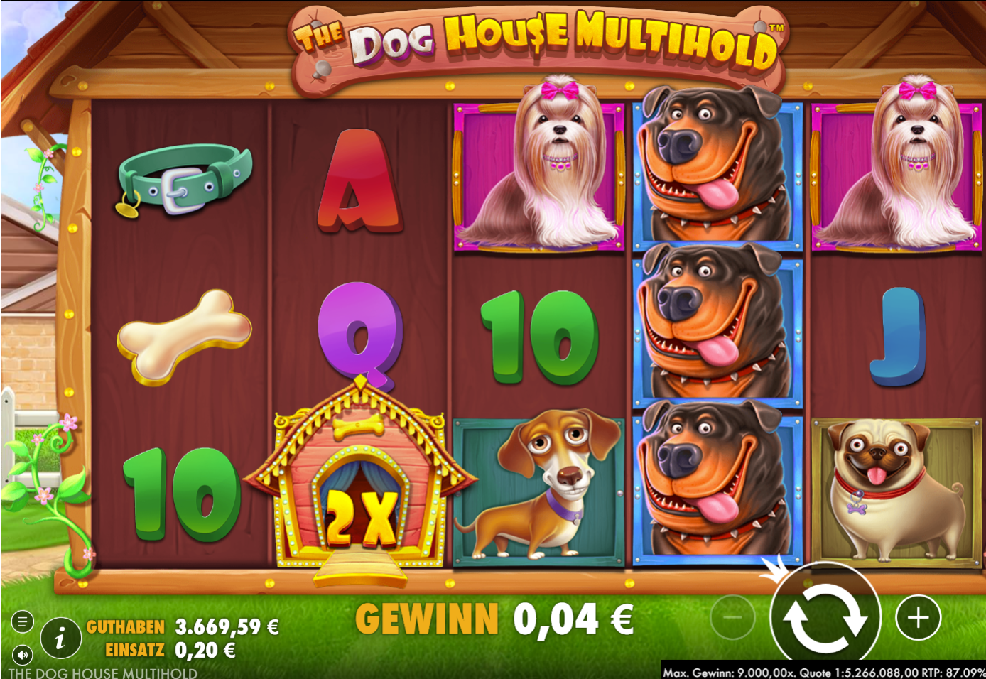 The-Dog-House-Multihold-Slot mit 2x‑Wild‑Hundeh&uuml;tte, Rottweiler, Dackel, Mops und Terrier.