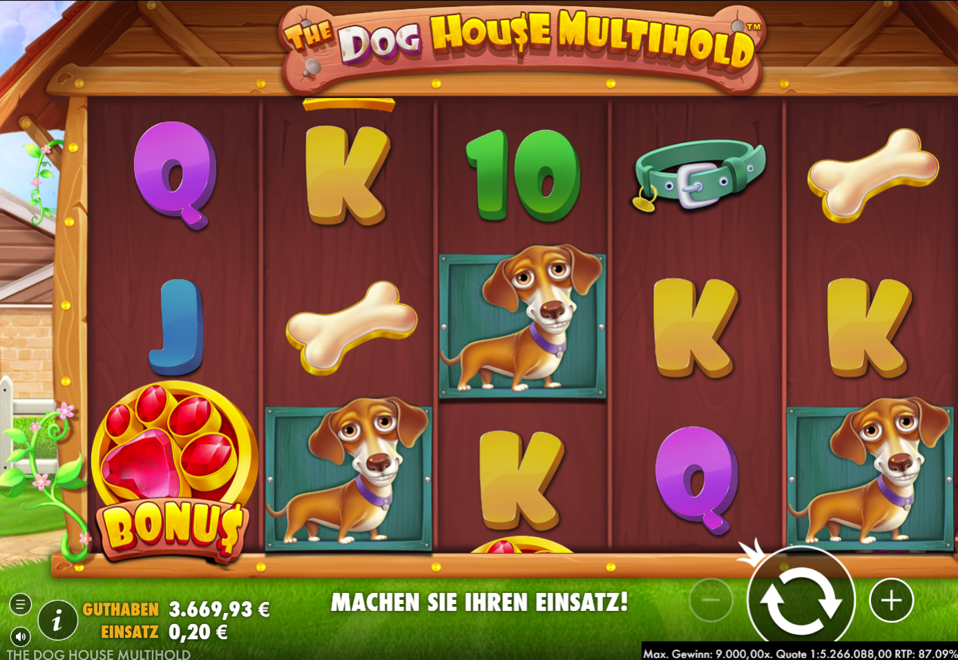 The-Dog-House-Multihold-Slot mit Dackeln, Bonus‑Pfotenabdruck, Knochen und Halsband.