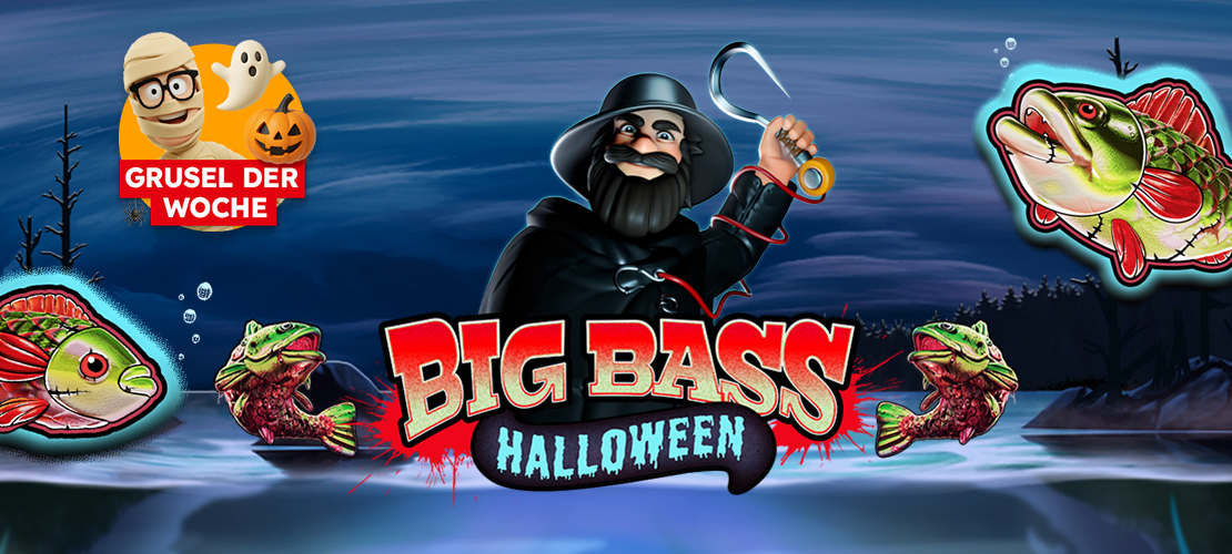 Halloween-Banner mit Zombie-Fischen, finsterem Angler und Slot-Titel Big Bass Halloween.