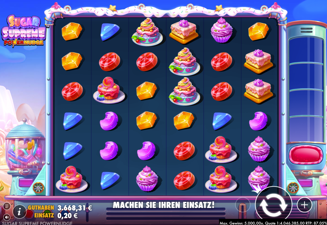 Sugar-Supreme-Powernudge-Slot mit Cupcakes, T&ouml;rtchen, Bonbons, Geleebohnen und Edelsteinen.