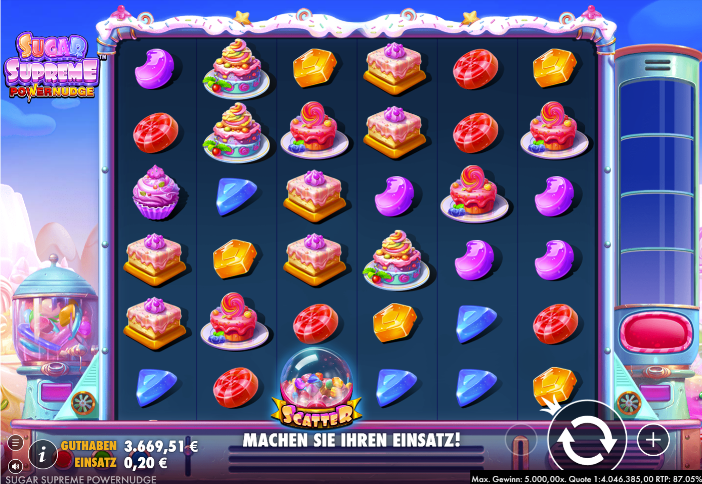 Sugar-Supreme-Powernudge-Slot mit Scatter‑Kaugel, Cupcakes, Bonbons und Edelsteinen.