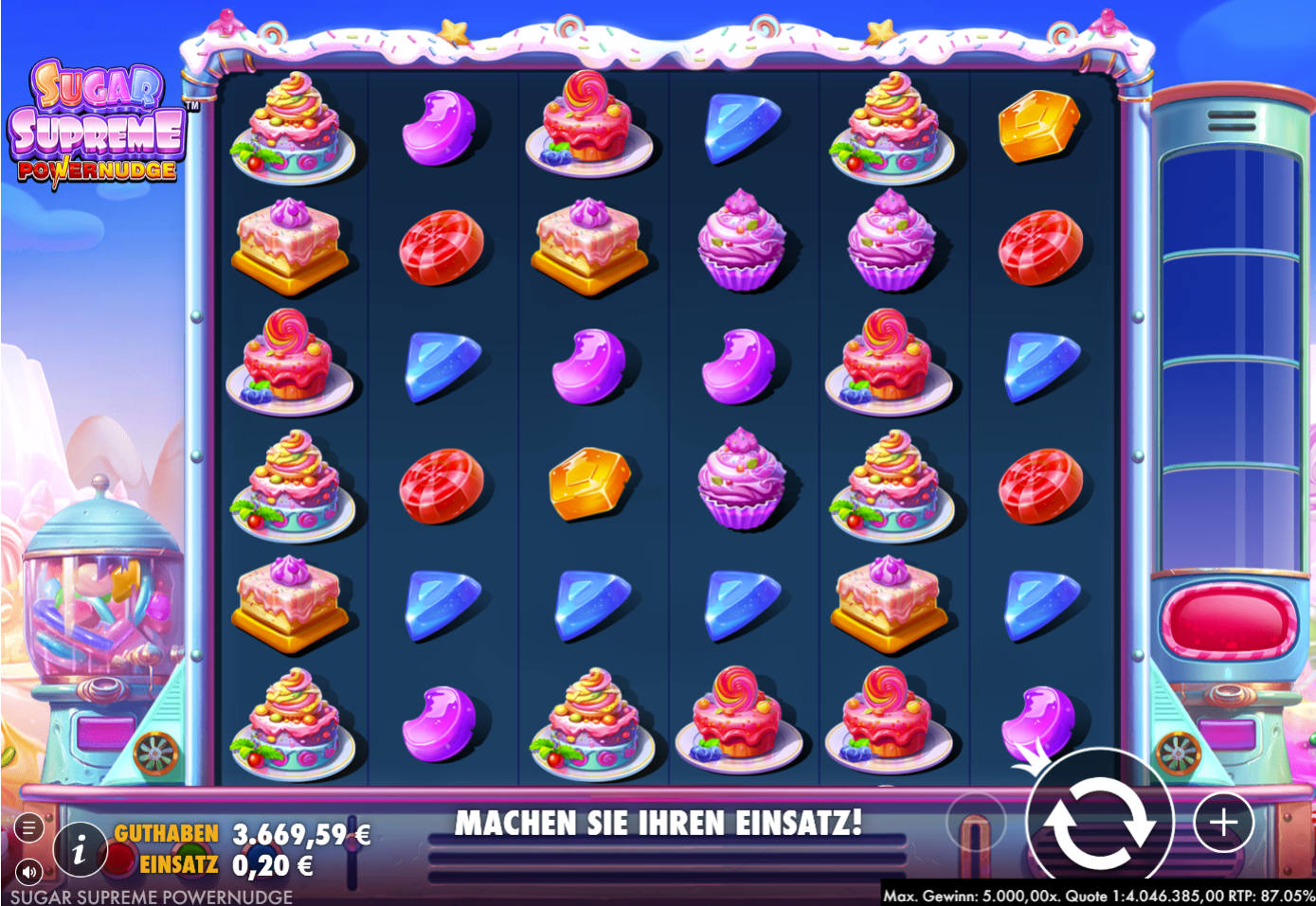 Sugar-Supreme-Powernudge-Slot mit T&ouml;rtchen, Cupcakes, Bonbons, Geleebohnen und Edelsteinen.
